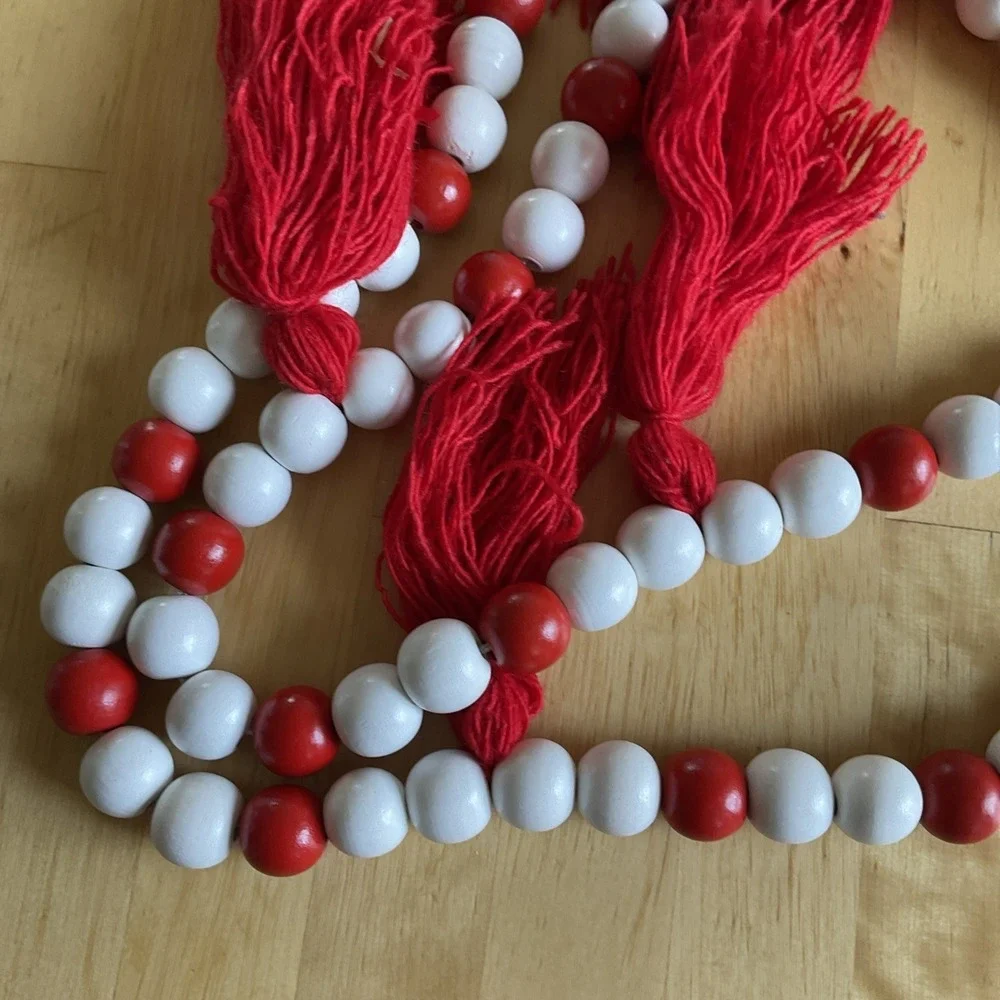 Red And White Wood Bead Garland Red Tassels Farmhouse Style